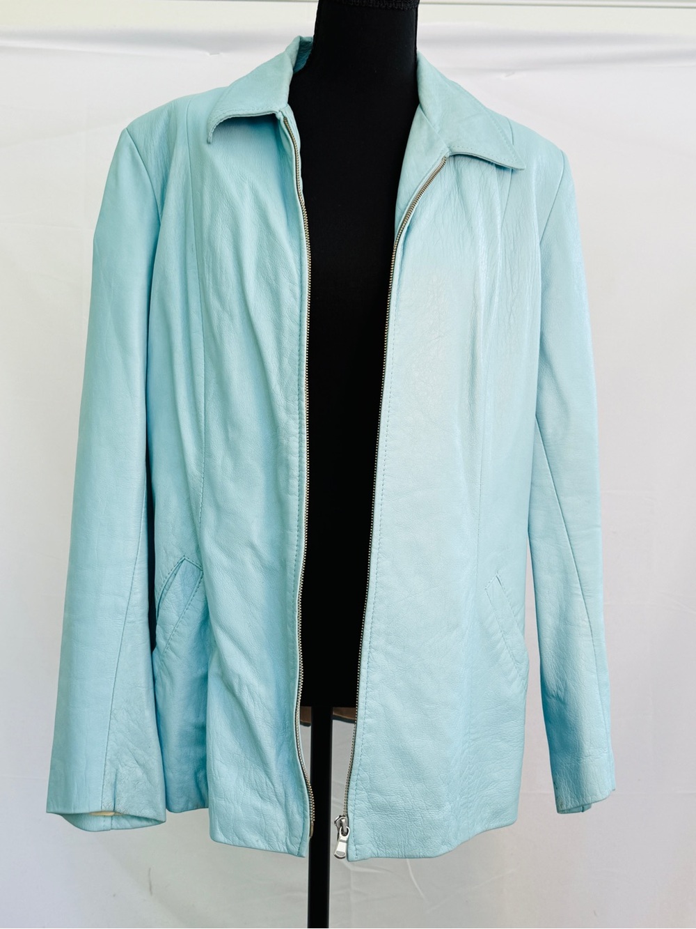 Women's Pastel Blue Leather Zip Jacket